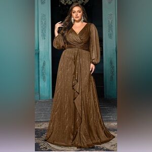 Elegant Brown Metallic Pleated Evening Dress